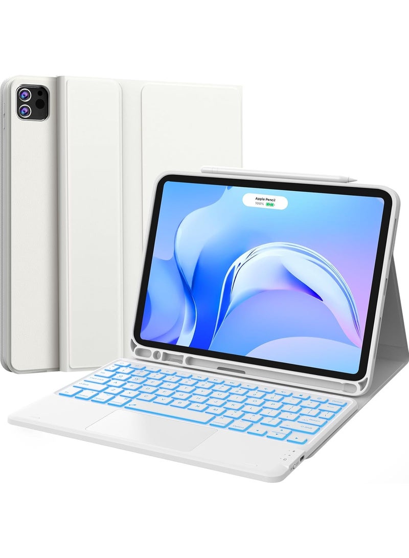 جراب لوحة مفاتيح عربي/إنجليزي للايباد Air 11 إنش (M3/M2، 2025/2024) و iPad Pro 11 إنش (الجيل 4/3/2/1) و iPad Air الجيل 5/4، مزود بقلم، إضاءة خلفية بـ 7 ألوان، لوحة تتبع متعددة اللمس، قناتان بلوتوث، لون أبيض - Image 1